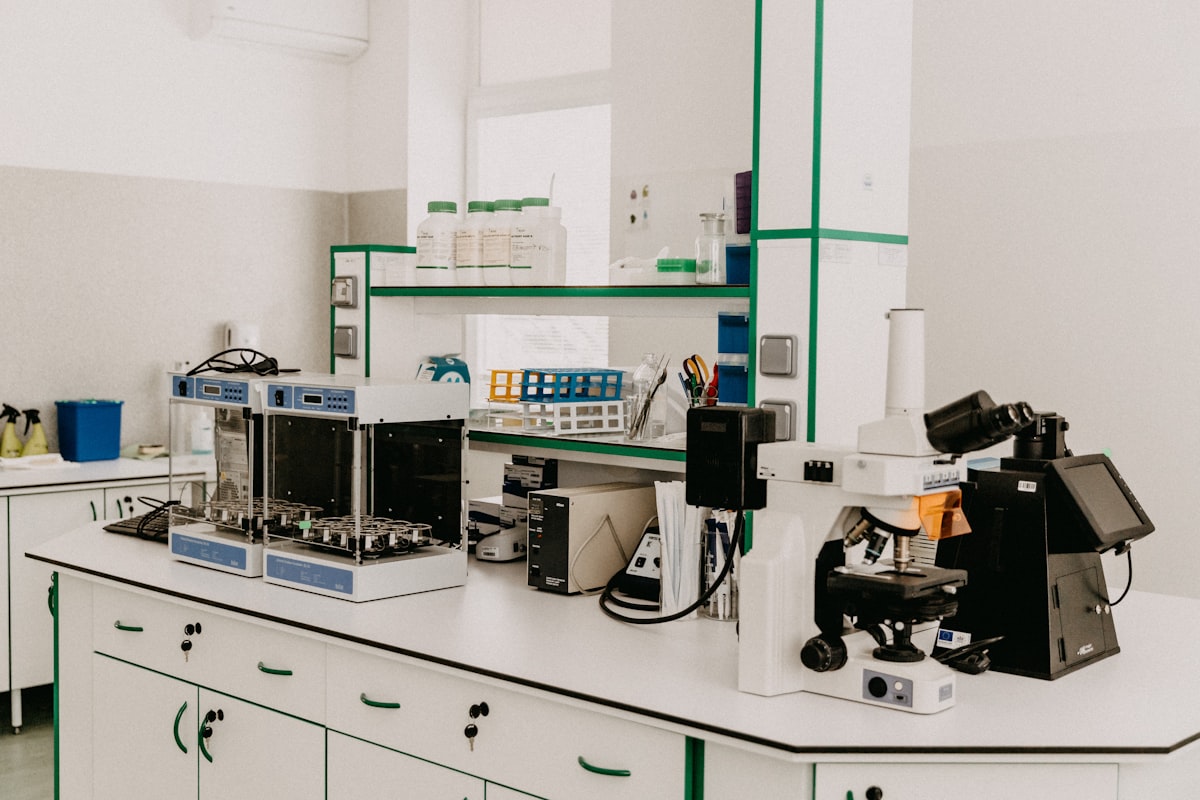 Modern clinical research laboratory bench with a microscope