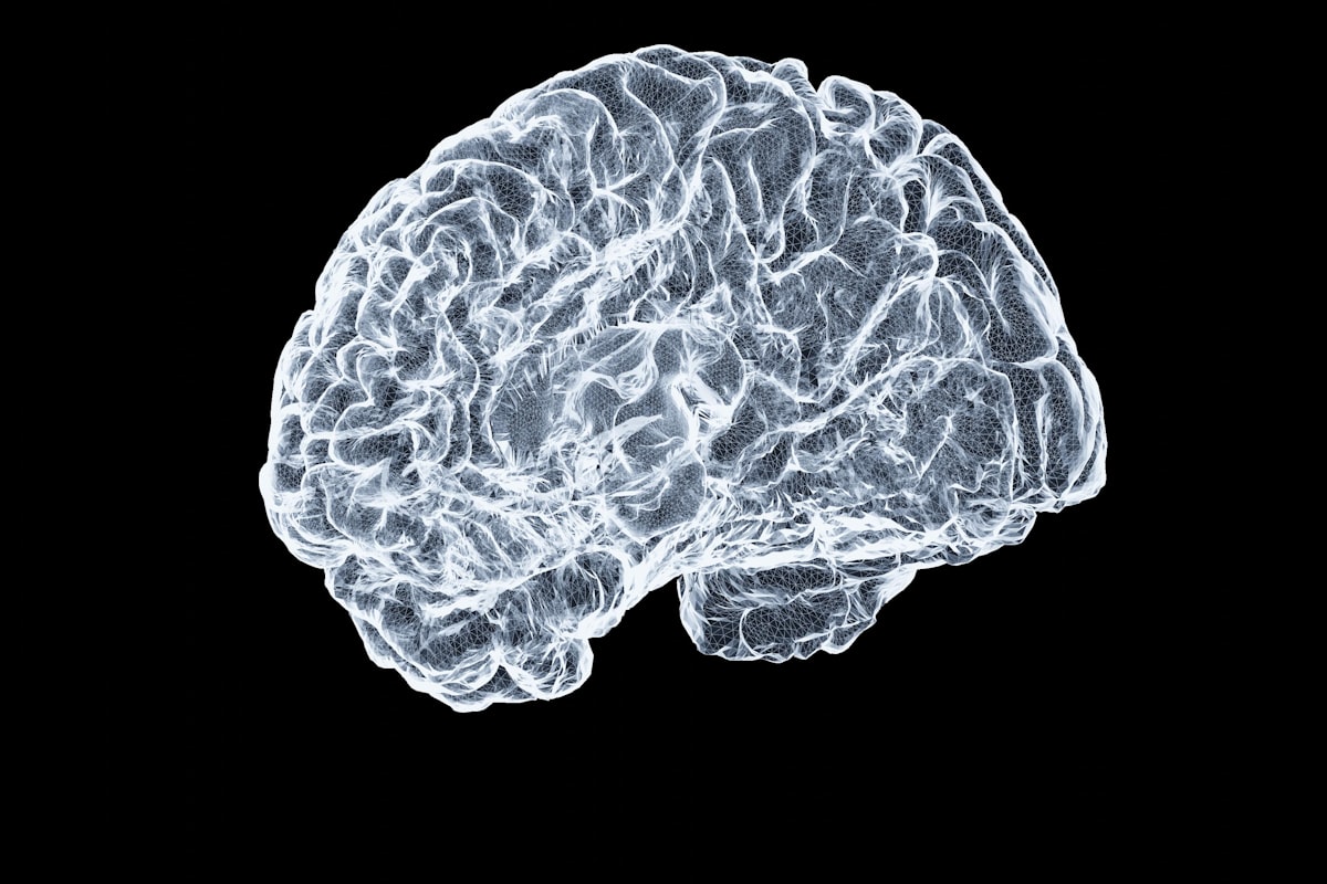 Glowing X-ray-style image of a human brain on a black background